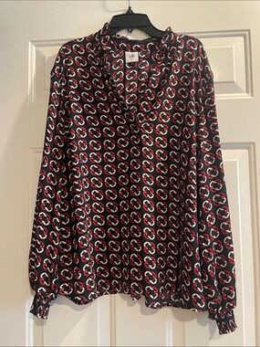 CAbi Black Red & White Geometric V-Neck Blouse